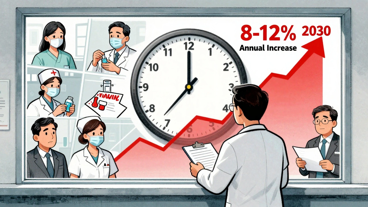 Clinician at window facing rising red arrows labeled &#039;8-12% Annual Increase&#039;, with fragmented crisis scenes in background.