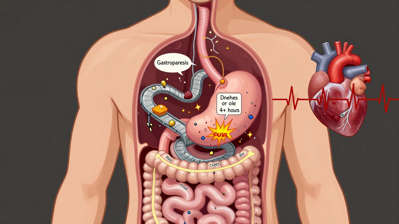 Cross-section of the digestive system showing gastroparesis and erratic bowel movements with failing nerve signals.