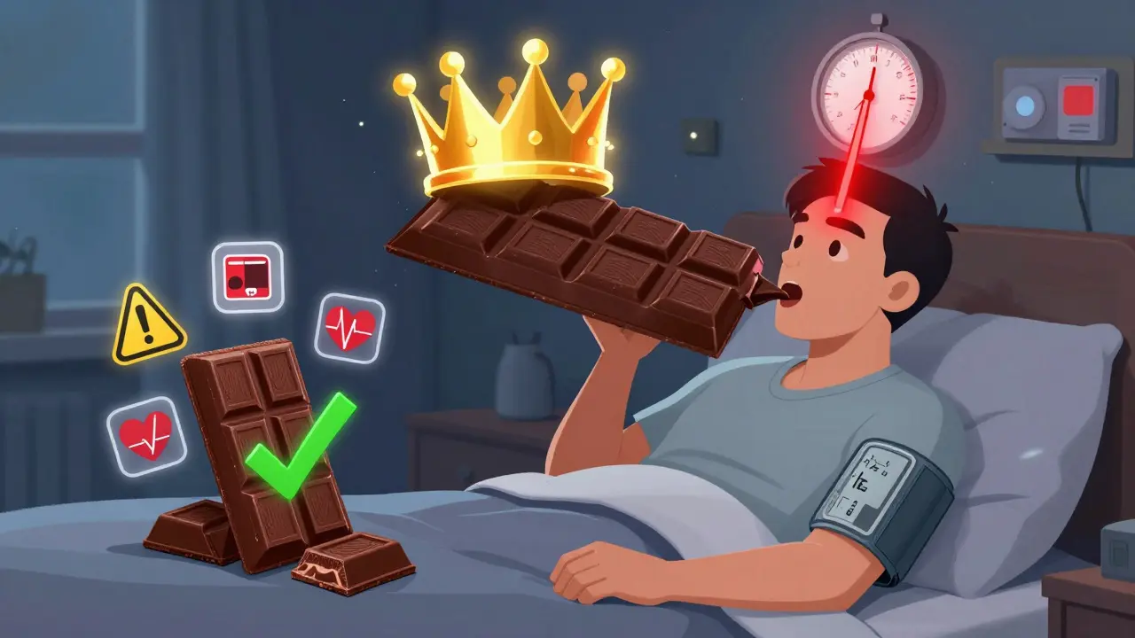 Dark chocolate triggers a dangerous blood pressure spike in someone on MAOI antidepressants.