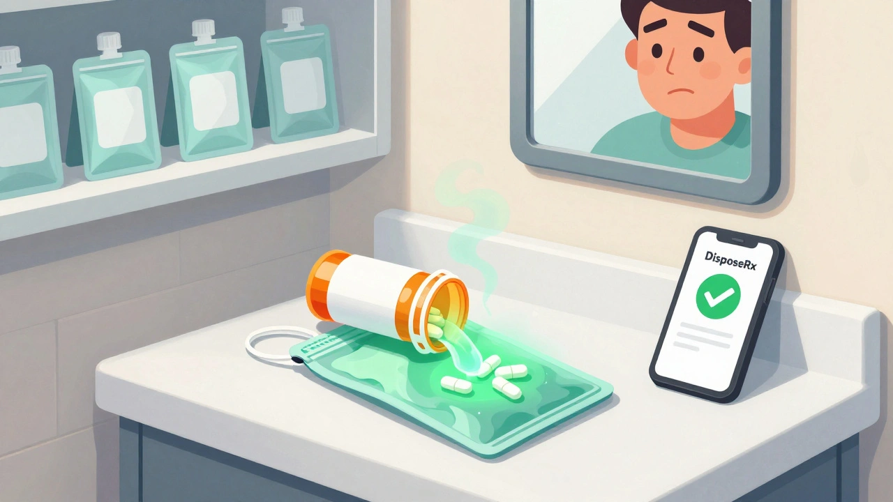 Deactivation pouch neutralizing pills and bottle with glowing effect, label dissolving into smoke.