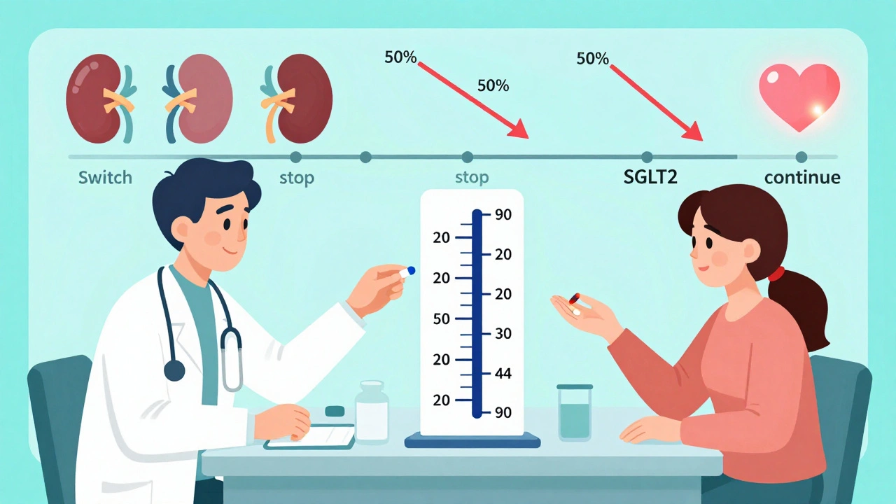 Doctor and patient deciding to switch from metformin to SGLT2 inhibitor as kidney function declines.