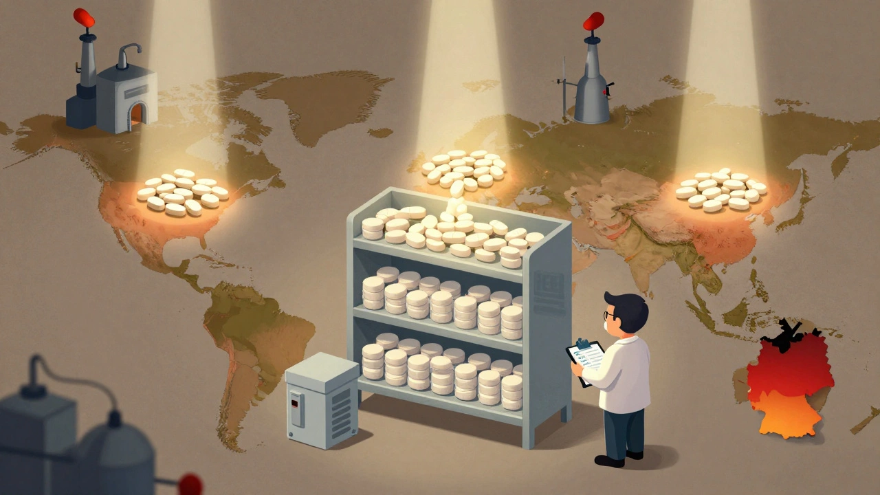 Global factories under FDA inspection beams sending pills to a U.S. pharmacy shelf