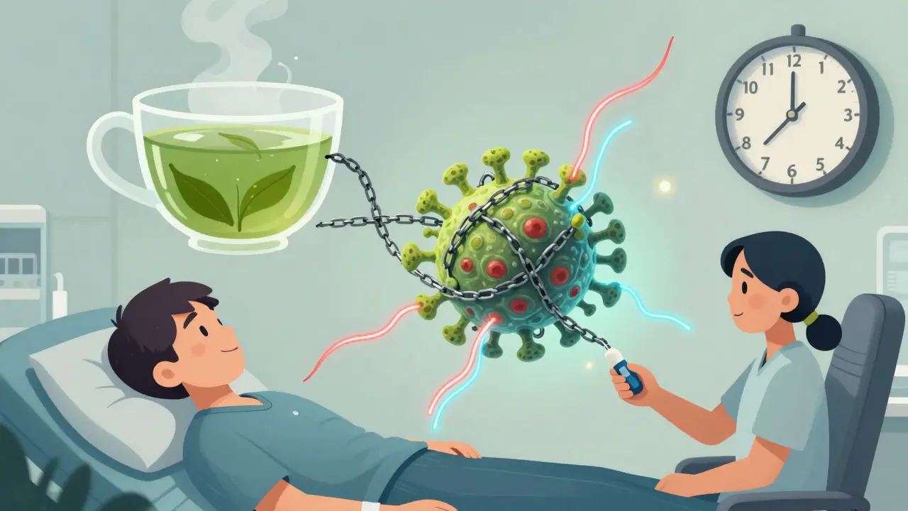 Green tea's catechins form chains that block chemotherapy drugs from reaching cancer cells.