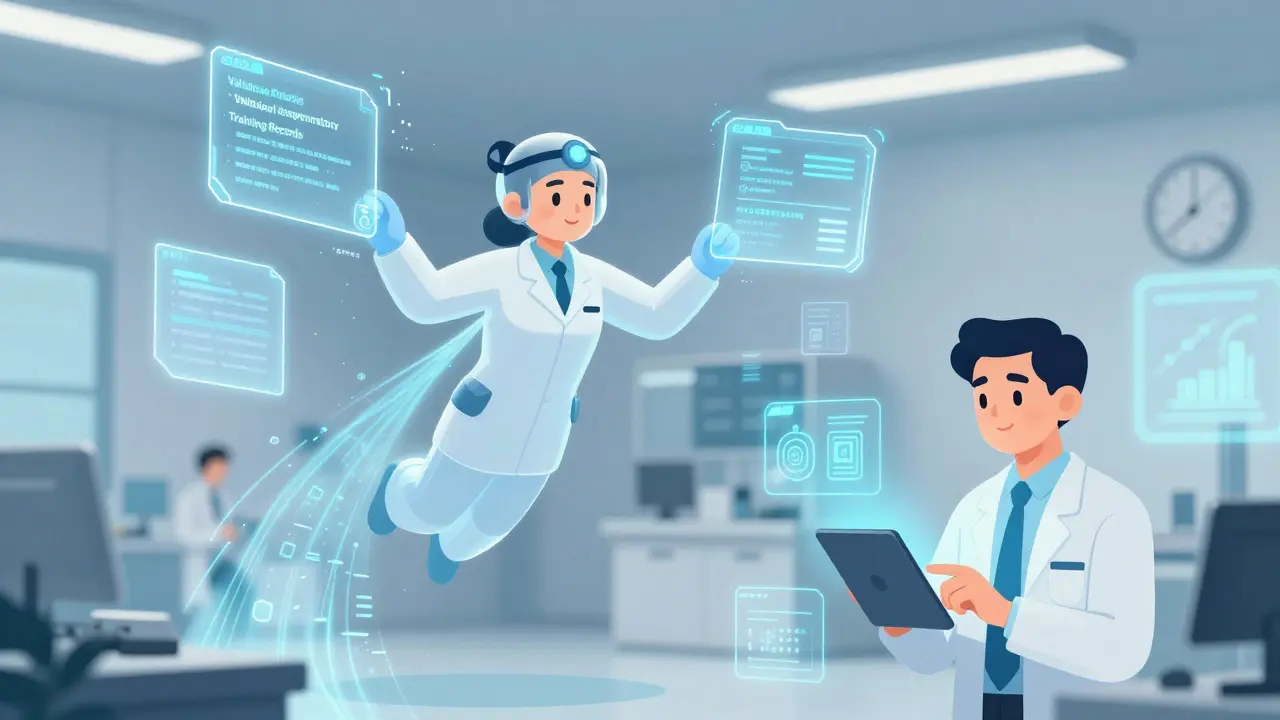 Holographic FDA agent accessing digital manufacturing records in a clean room during a remote regulatory assessment.