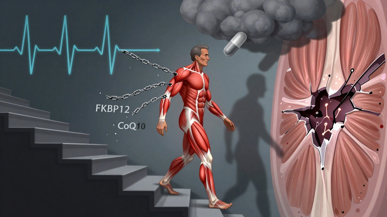 Man struggling to climb stairs with visible muscle damage from statin side effects