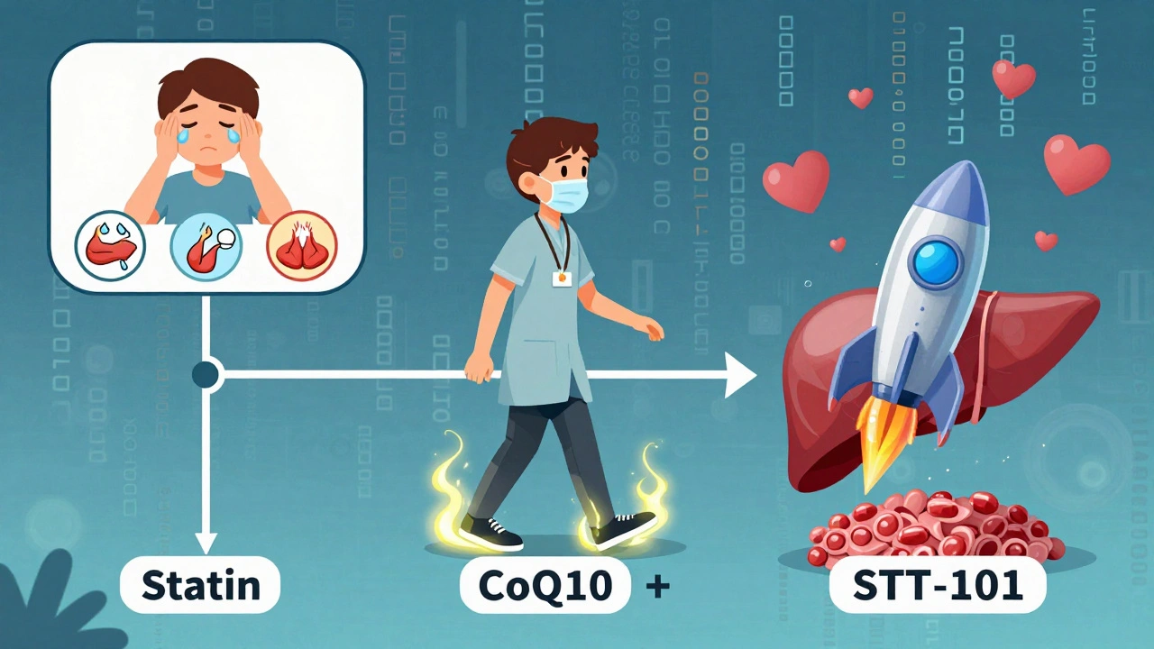 Medical decision tree showing statin alternatives with supplements, exercise, and new drugs