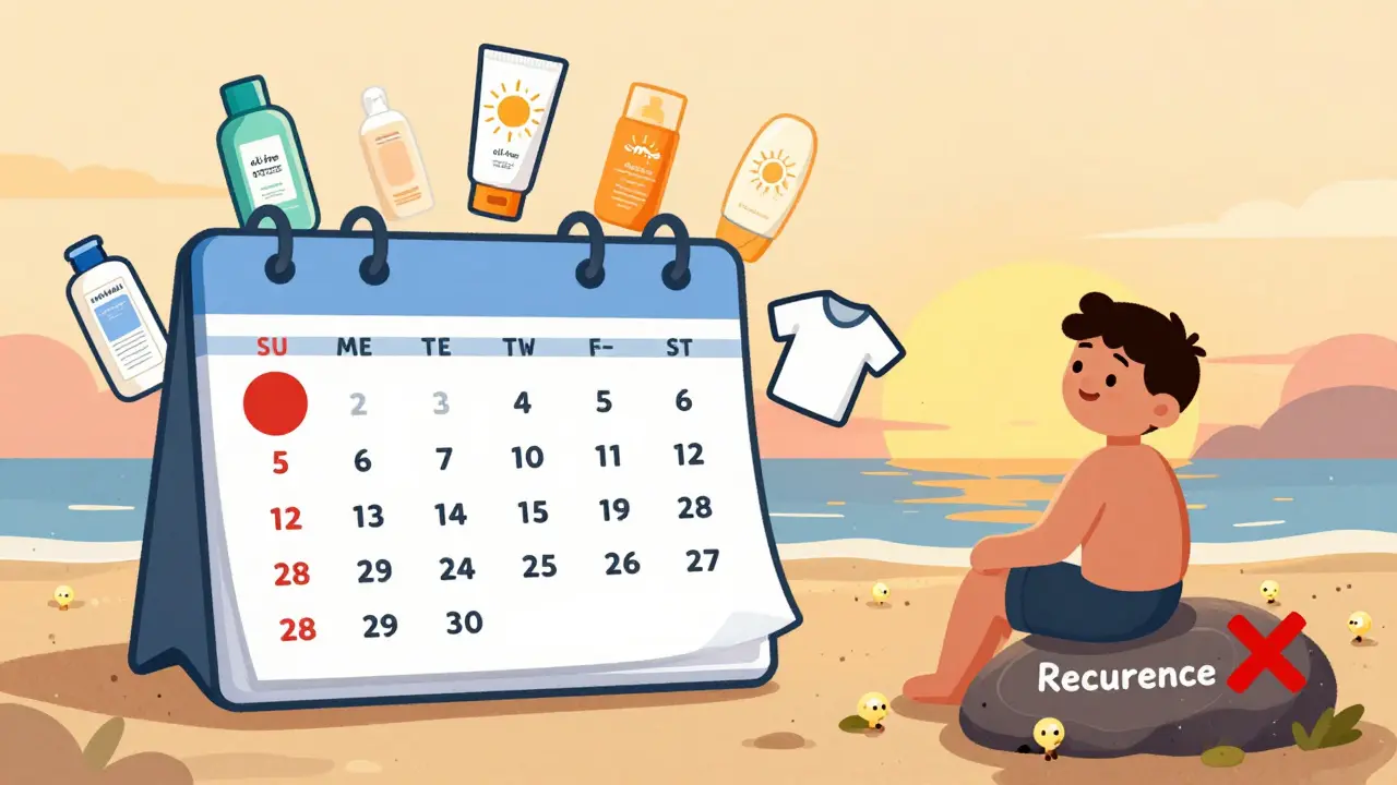 Monthly calendar with shampoo and sunscreen symbols, person enjoying beach with even skin tone