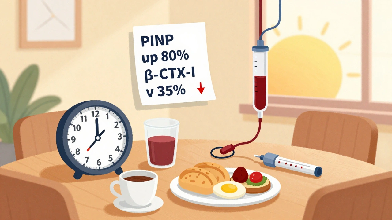 Morning blood test with lab results floating above, emphasizing fasting and timing for accuracy.