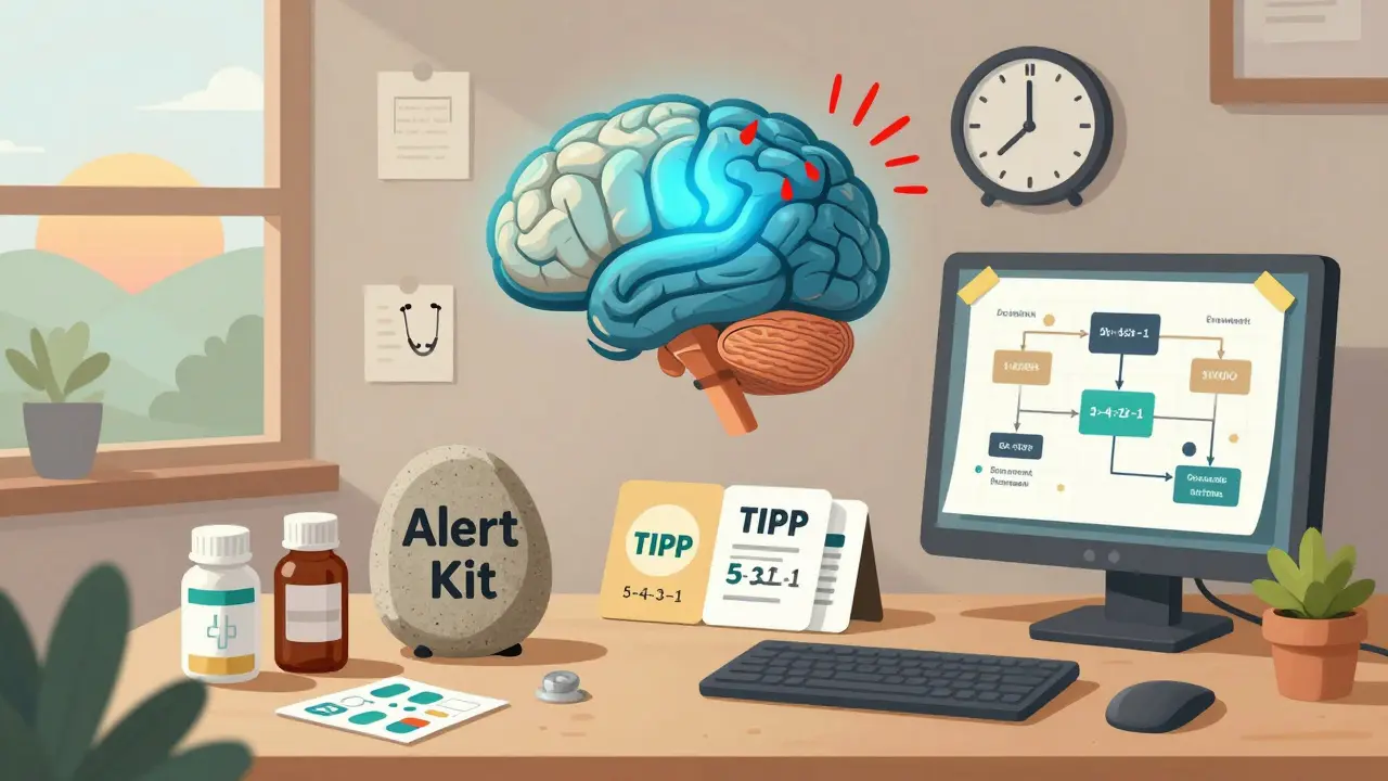 Organized alert kit on desk with brain diagram showing calm replacing panic.