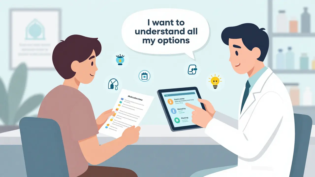 Patient and pharmacist reviewing medication options on a digital screen during a dedicated medication review appointment.