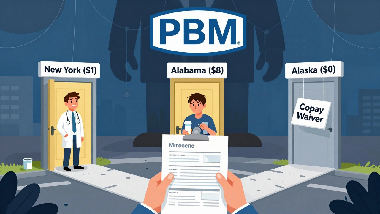 Patient at a crossroads with three state doors labeled by generic drug costs, PBM shadow looming overhead.
