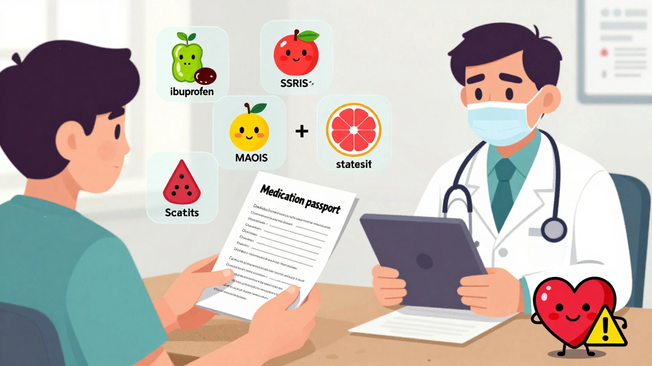 Patient giving medication list to doctor while dangerous drug interactions float around them.