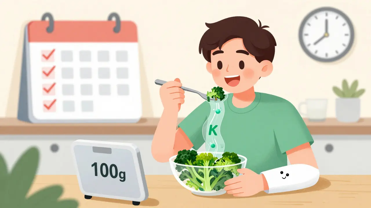 Person eating kale with vitamin K molecules flowing steadily into their body