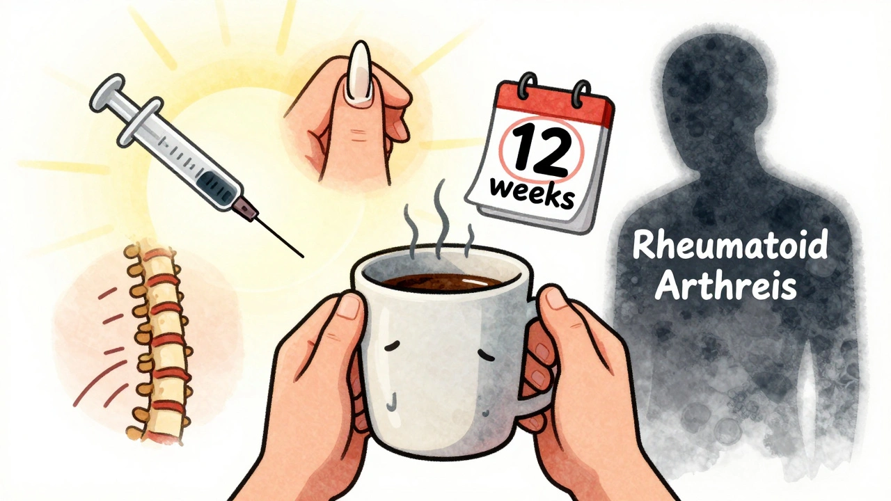 Person struggling to hold a mug with medical icons floating around them.