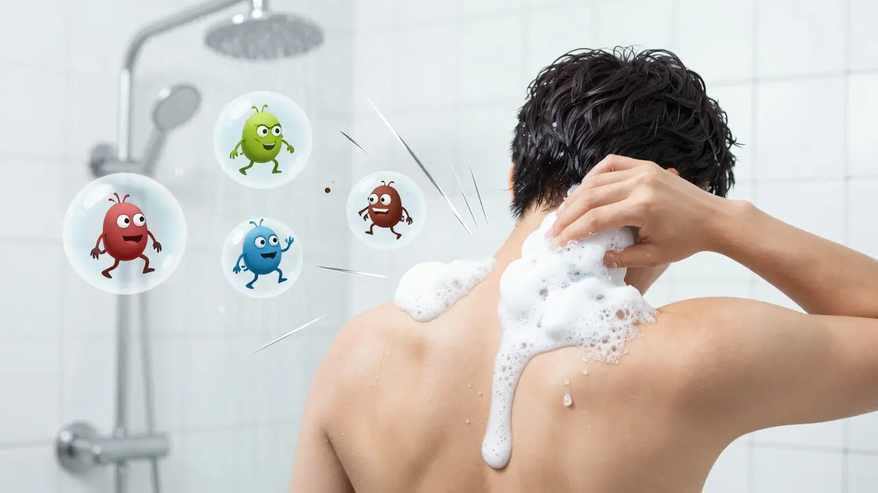 Person washing chest and back with antifungal shampoo, yeast monsters being defeated by soap bubbles