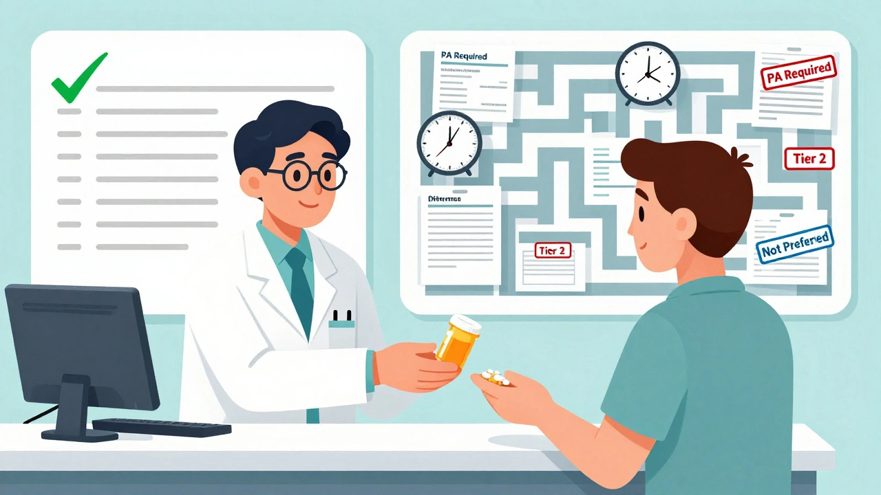 Pharmacist giving a pill bottle while behind them, two contrasting scenes show simple vs. complex pharmacy rules.