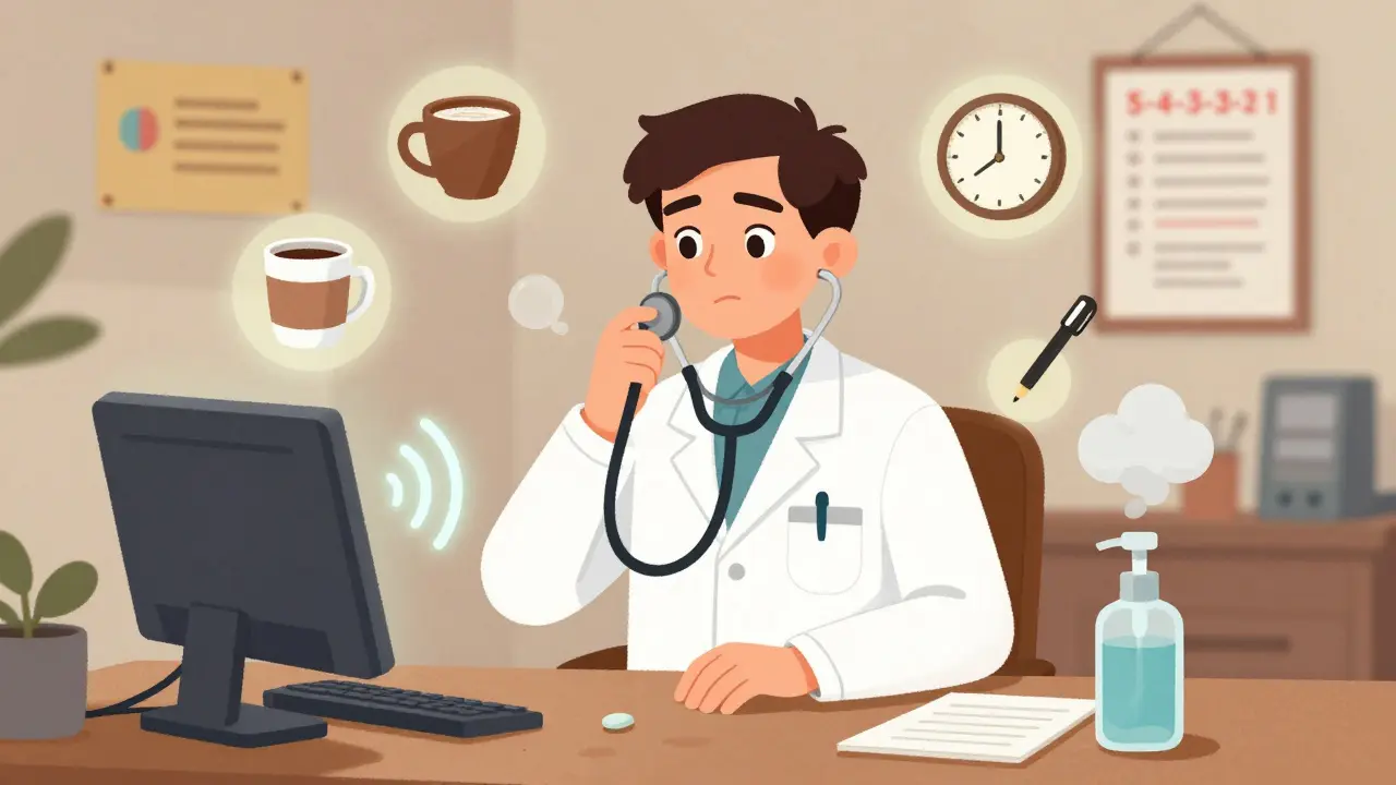 Pharmacist using 5-4-3-2-1 grounding technique with floating sensory elements around them.