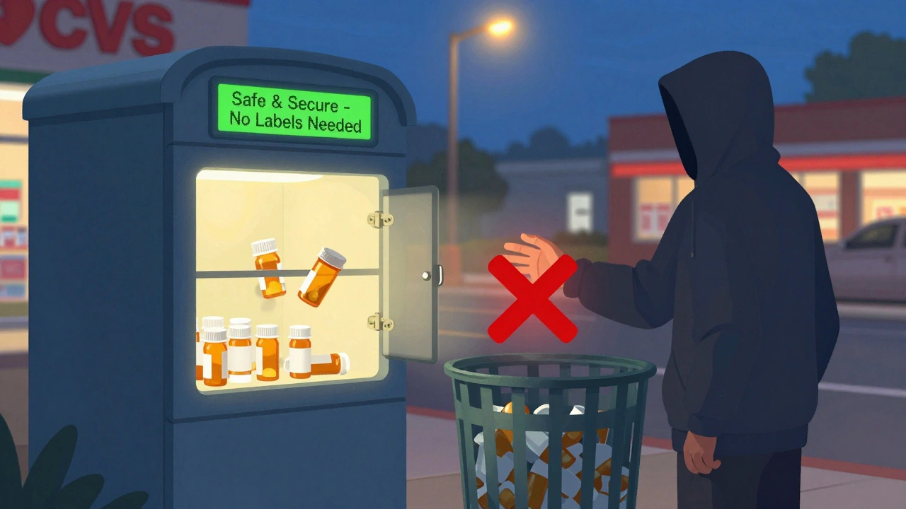Someone dropping medication into a secure pharmacy drop-off bin while a thief is blocked from accessing trash.