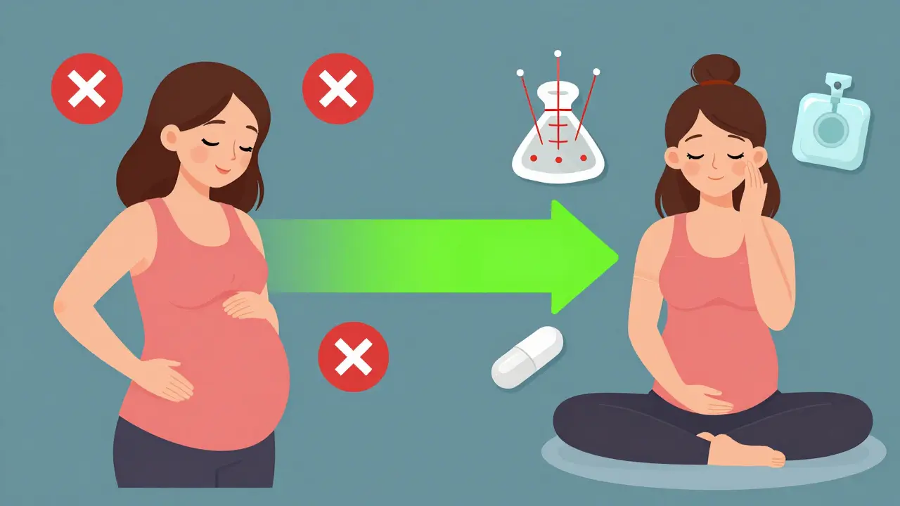 Split illustration showing unsafe migraine medications with red crosses versus safe non-drug treatments in a pregnancy wellness context.