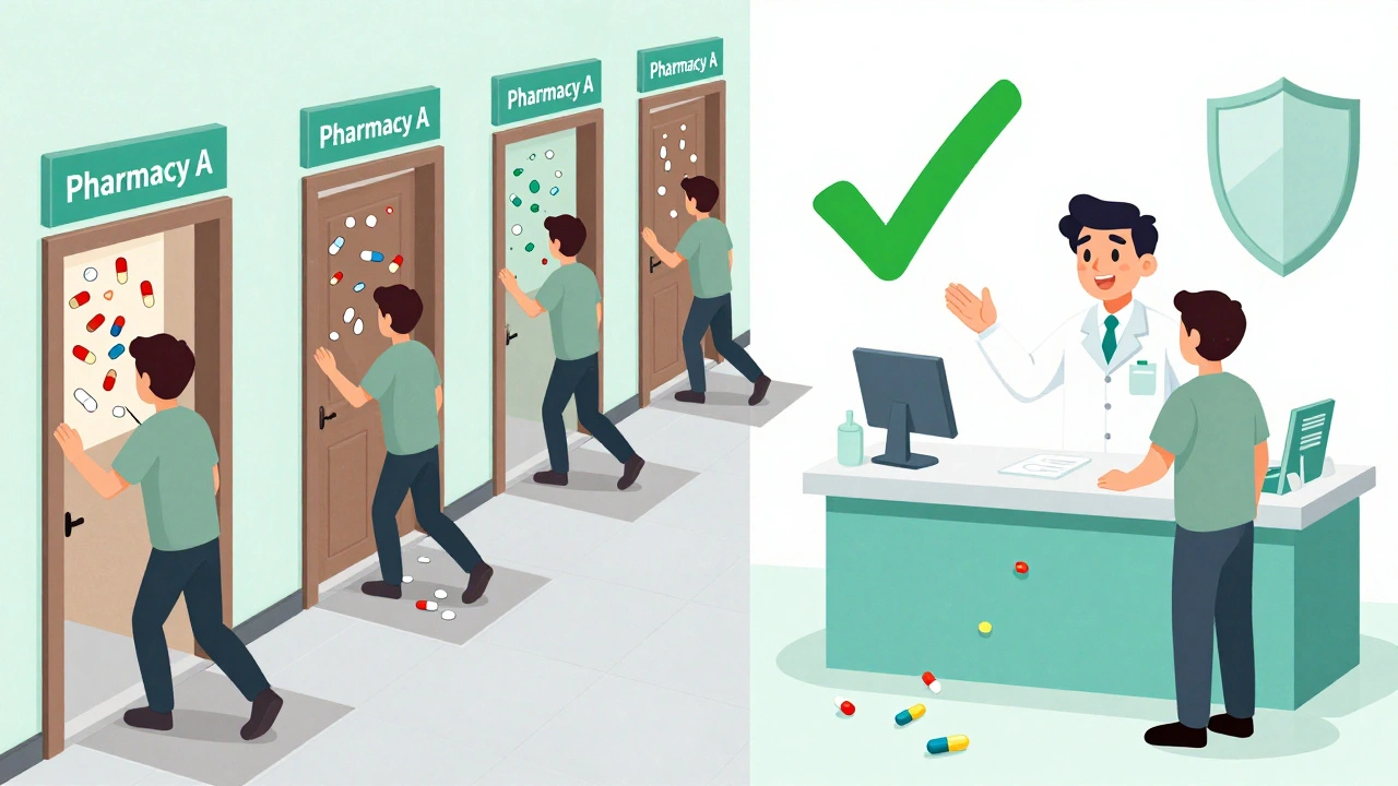 Split image: chaotic multiple pharmacies vs. safe single pharmacy with shield of protection.