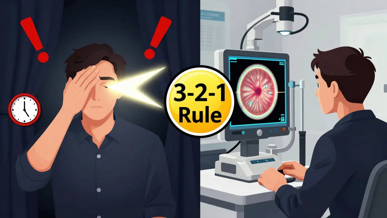 Split image: one side shows warning signs of retinal detachment, the other shows a safe OCT eye scan.