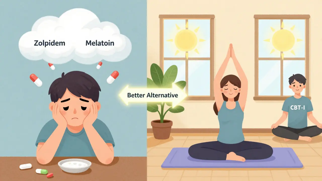 Split image showing negative effects of medication vs. positive non-drug alternatives like yoga and therapy.