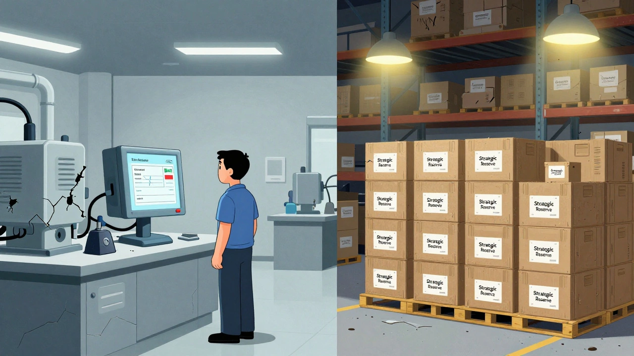 Split scene: broken U.S. drug factory vs. well-stocked German reserve warehouse, highlighting systemic differences.
