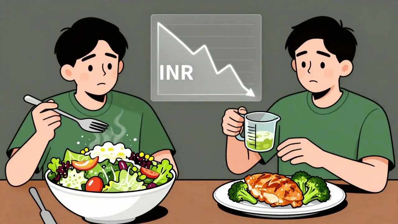 Split scene: confused diner with salad vs. person ordering simple broccoli meal