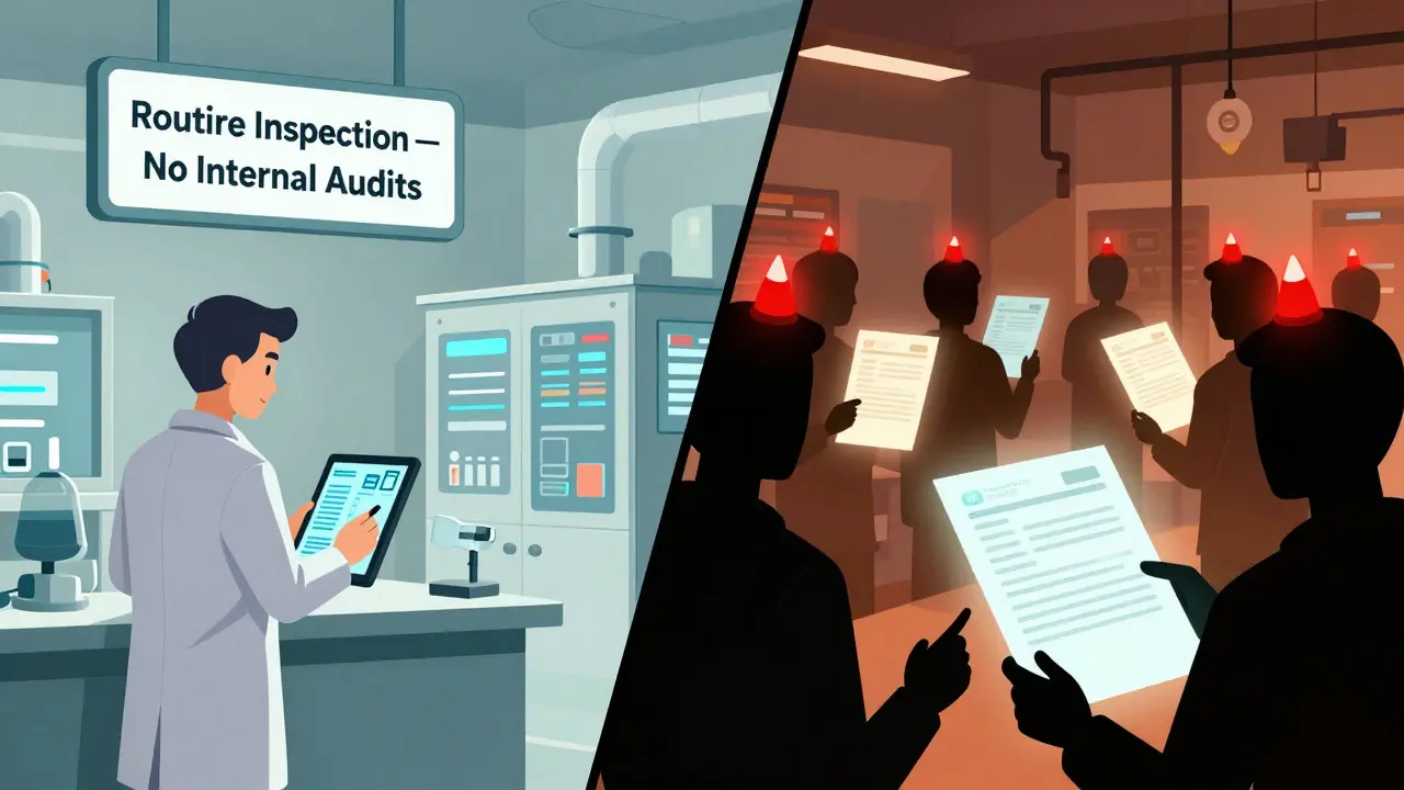 Split scene: U.S. facility with routine inspection vs. foreign facility under unannounced scrutiny with glowing audit files.