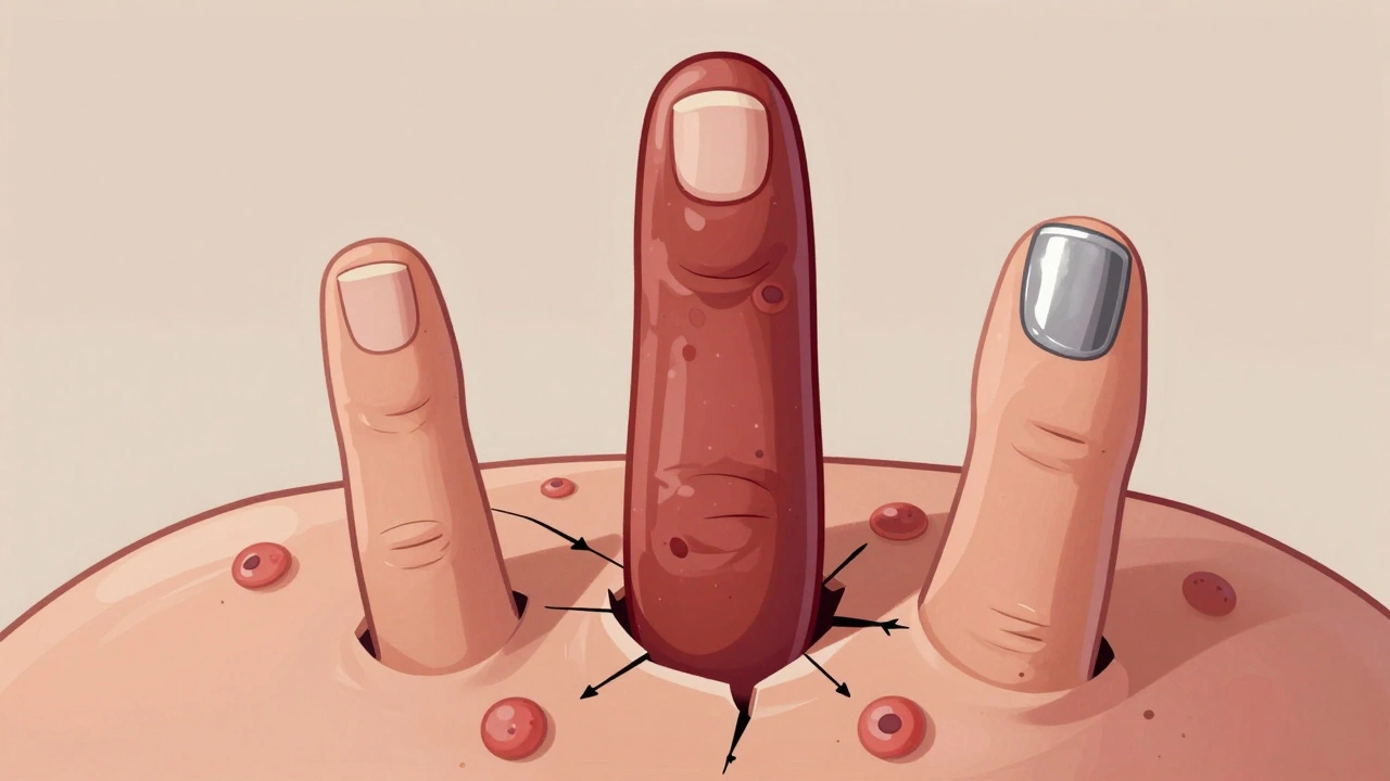 Three stylized fingers with psoriatic arthritis signs: pitting, swelling, and nail lifting.