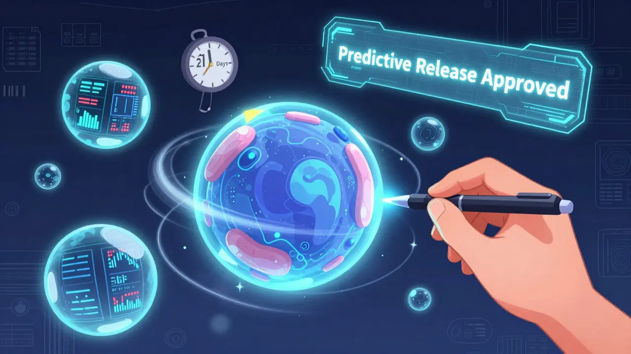 A biologic batch in zero gravity with AI data orbs and a human signing off under a predictive release banner.