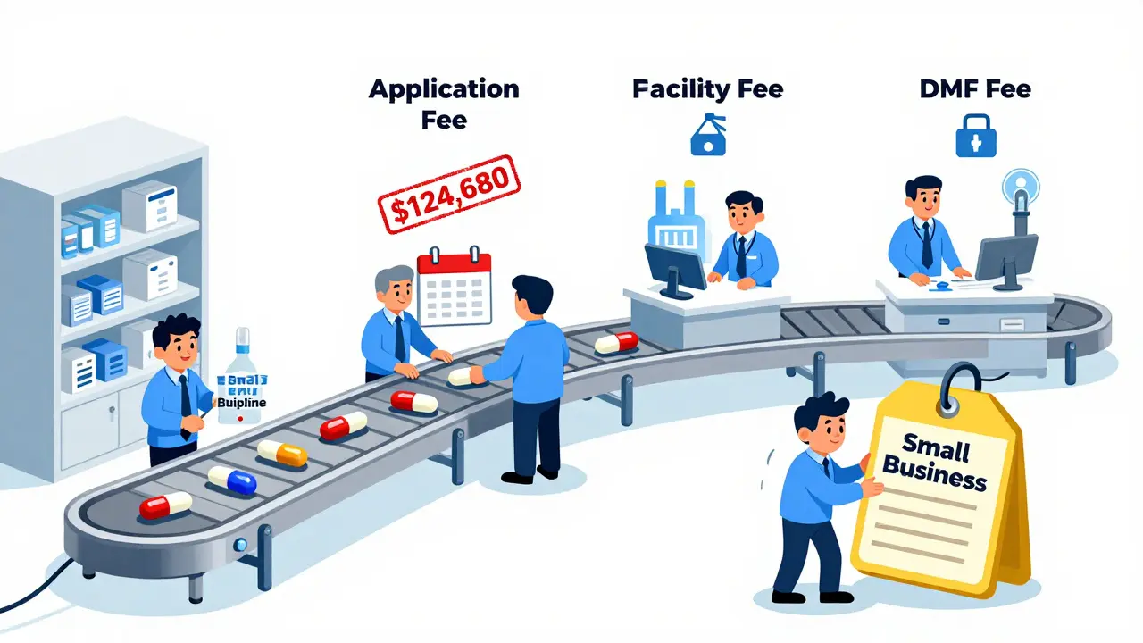 A conveyor belt with generic drug fees at four stations, leading pills to a pharmacy, illustrated with friendly FDA agents.