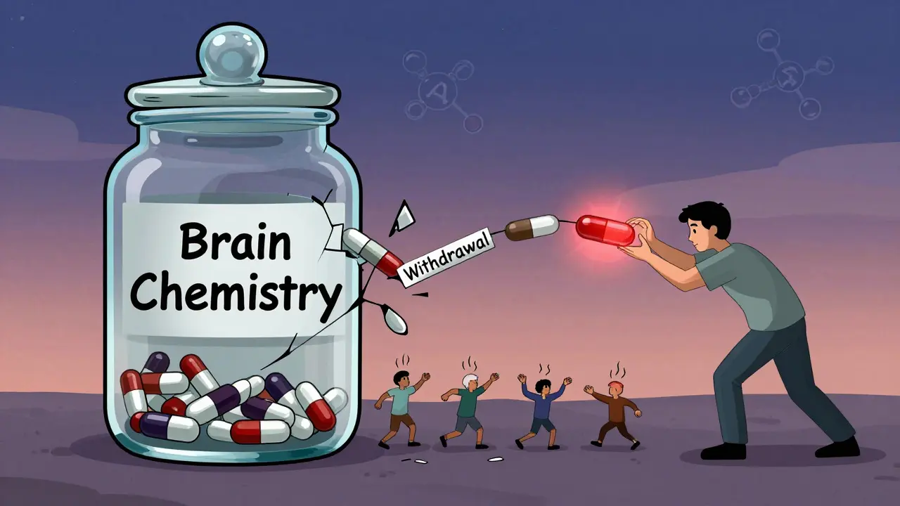 A cracking jar labeled 'Brain Chemistry' with pills and withdrawal symbols emerging as tiny figures reach out.