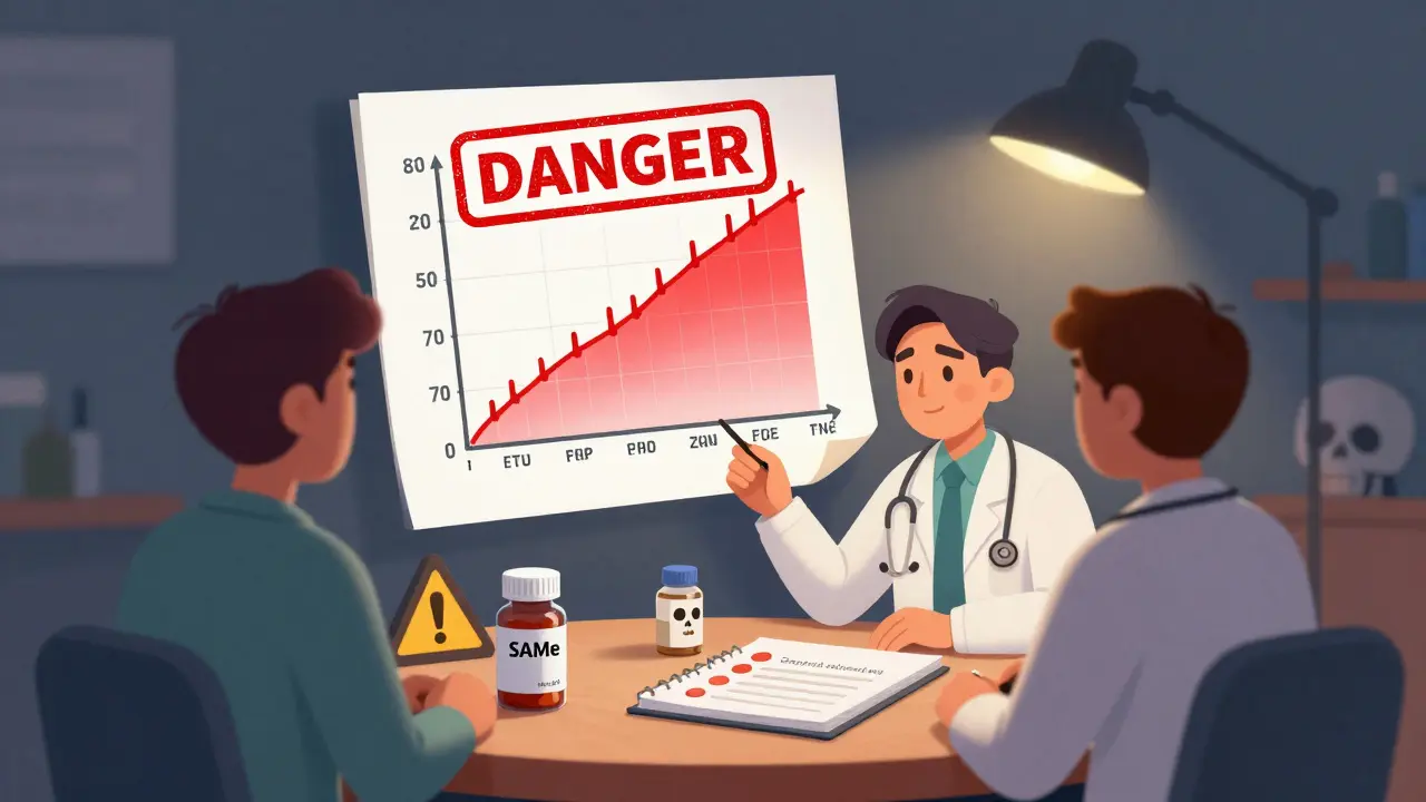 A doctor and patient reviewing a warning chart showing serotonin spike, with refrigerated SAMe bottle and symptoms noted.