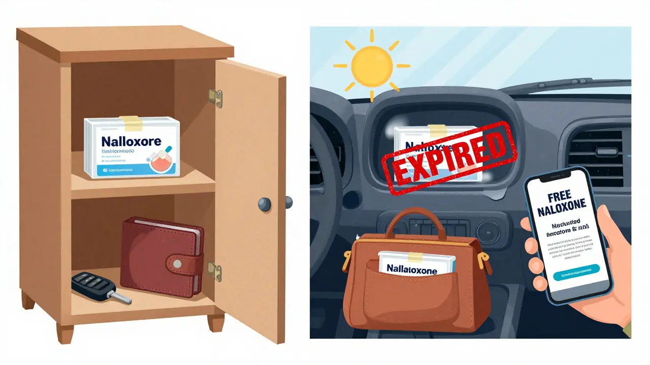 A naloxone kit is stored safely in a purse and medicine cabinet, but melts dangerously in a hot car.