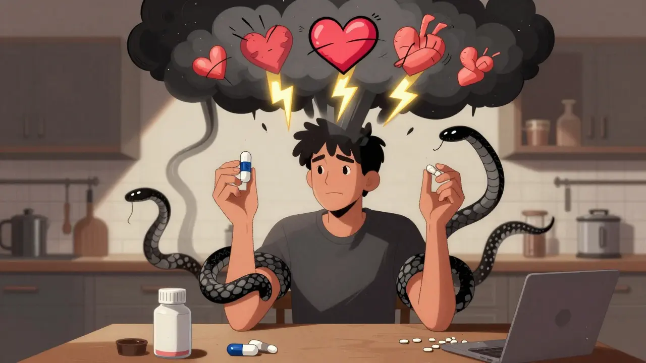 A person holding SAMe and SSRI pills as serotonin snakes coil upward, symbolizing rising risk in stylized illustration.