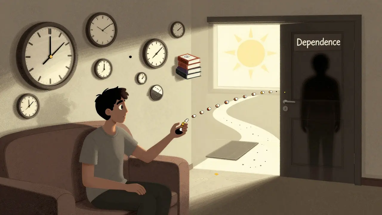 A person surrounded by clocks and pills leading to a shadowy door, with a hopeful path toward therapy behind them.