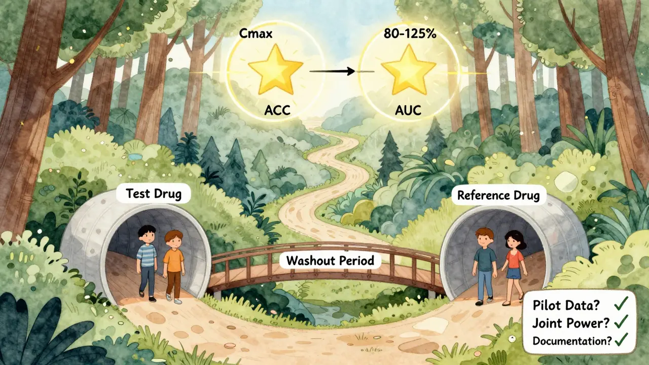 A person walking a path through two drug tunnels with washout bridge, Cmax and AUC stars shining within a golden range.