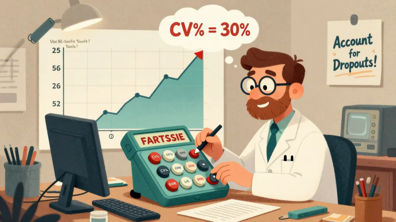 A scientist using a whimsical calculator with dials for CV%, GMR, and power, while a graph spikes due to high variability.