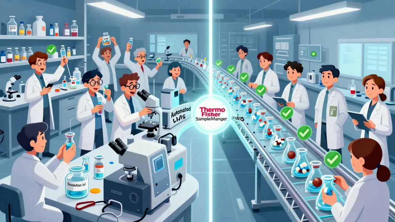 A split scene showing lab failure on one side and smooth distribution on the other, connected by an automated system.