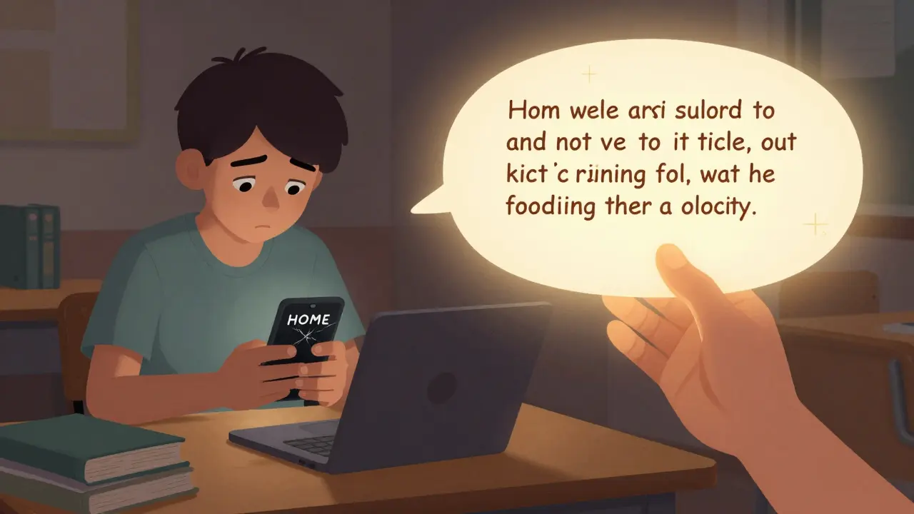 A teen texts a crisis line while a comforting hand reaches from the screen, symbolizing support.