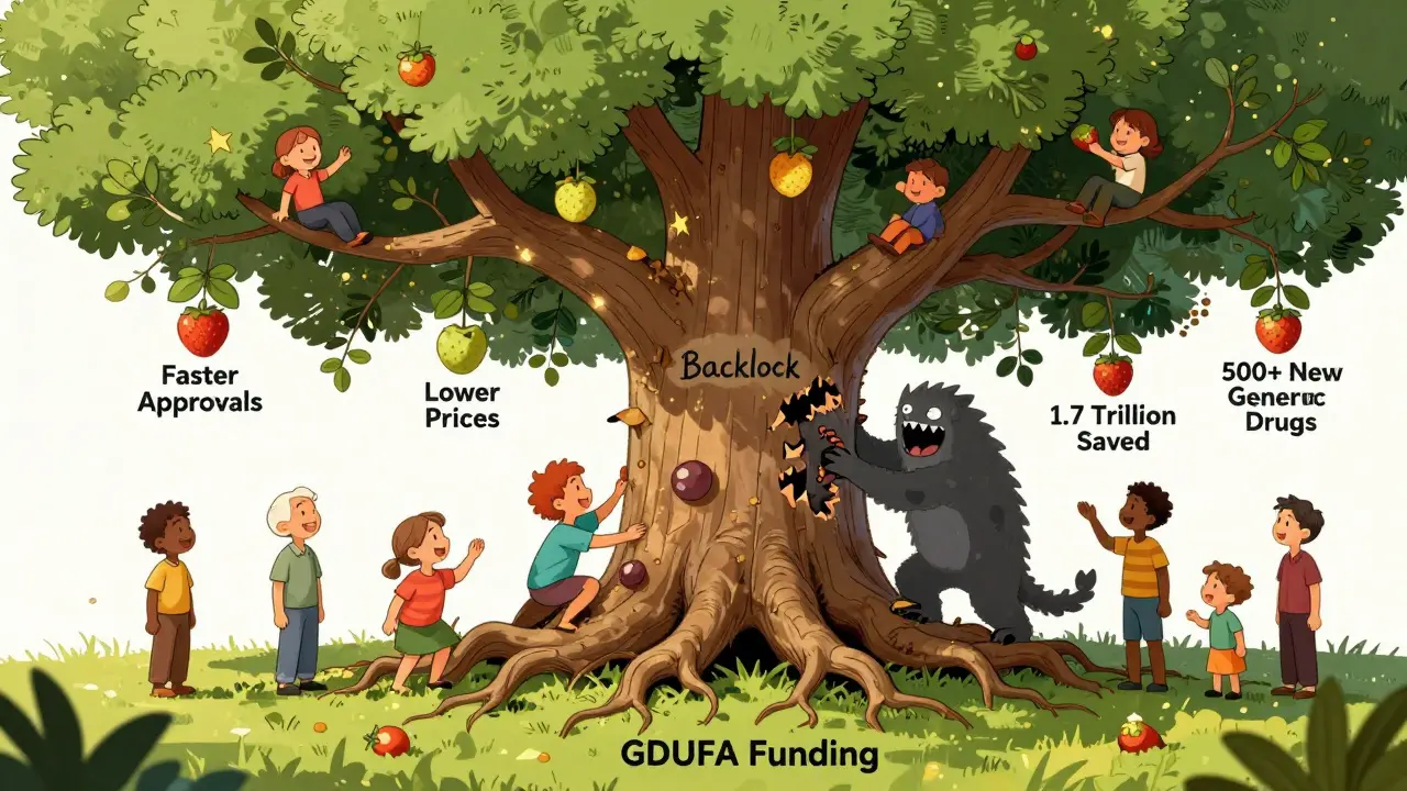 A tree with GDUFA roots feeding fruits of savings and faster approvals, while a backlog monster tries to damage it.