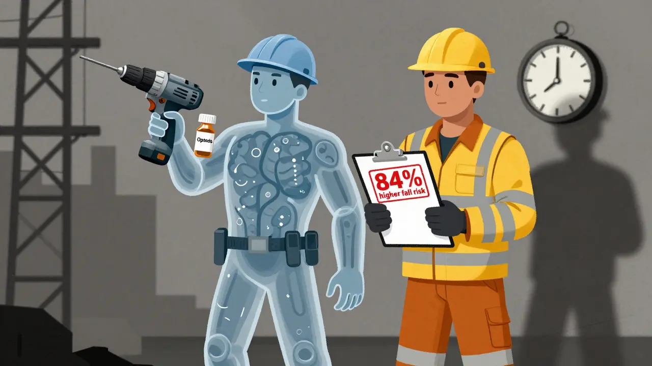 A worker on a construction site impaired by opioid medication, with visualized slowed brain signals, beside a co-worker holding a risk warning clipboard.