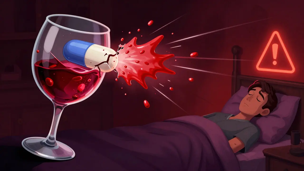 An extended-release pill breaks open in alcohol, releasing a flood of drug particles while a sleeping patient is at risk.