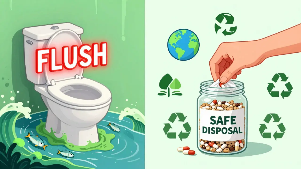 Contrast between dangerous drug flushing and safe disposal using sealed containers and unappealing mixtures.