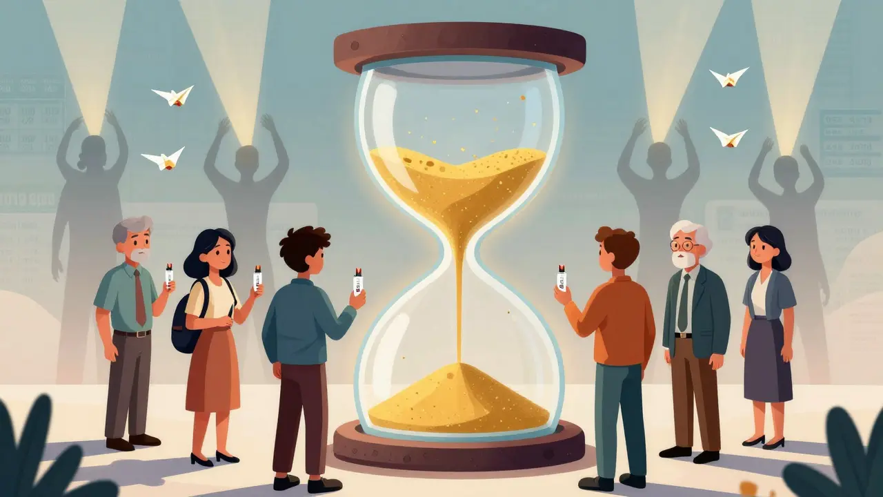 Diverse people hold naloxone kits as an hourglass reverses time, symbolizing lives saved from opioid overdose.