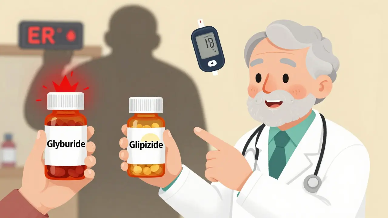 Elderly patient choosing between dangerous glyburide and safe glipizide pills with symbolic ER and sunrise backgrounds.