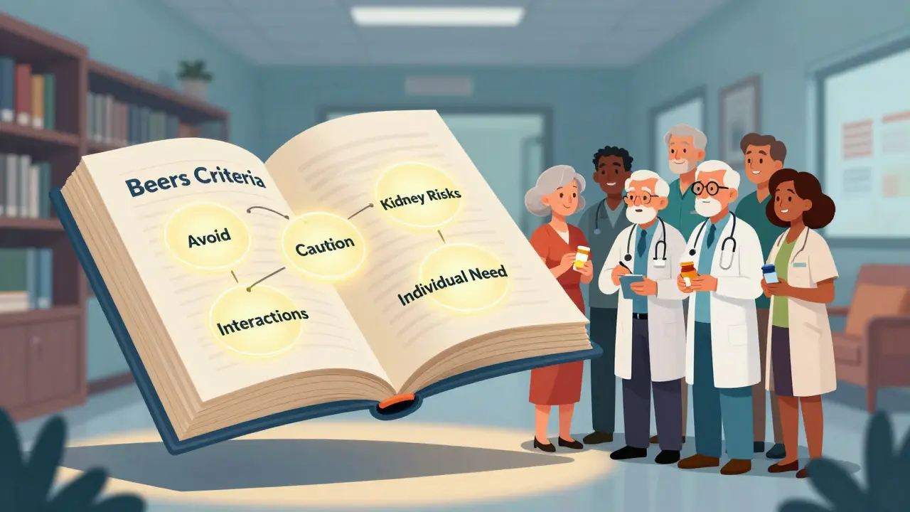 Floating Beers Criteria book with five glowing categories as seniors and doctors discuss medication safety.