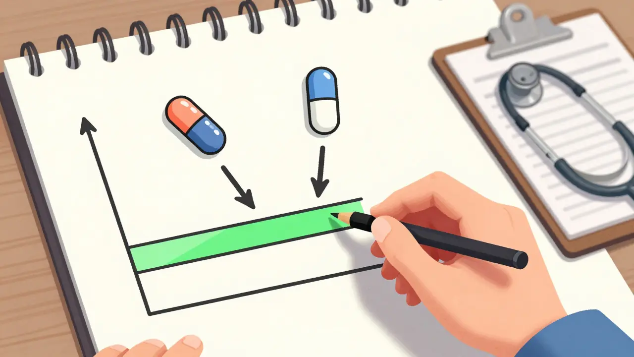 Hand-drawn graph showing a patient's blood level staying within the therapeutic range after switching to a generic drug.
