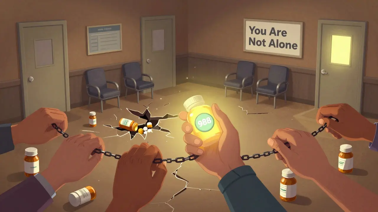 Interconnected hands bridge broken symbols of mental health neglect, holding a glowing 988 call button.